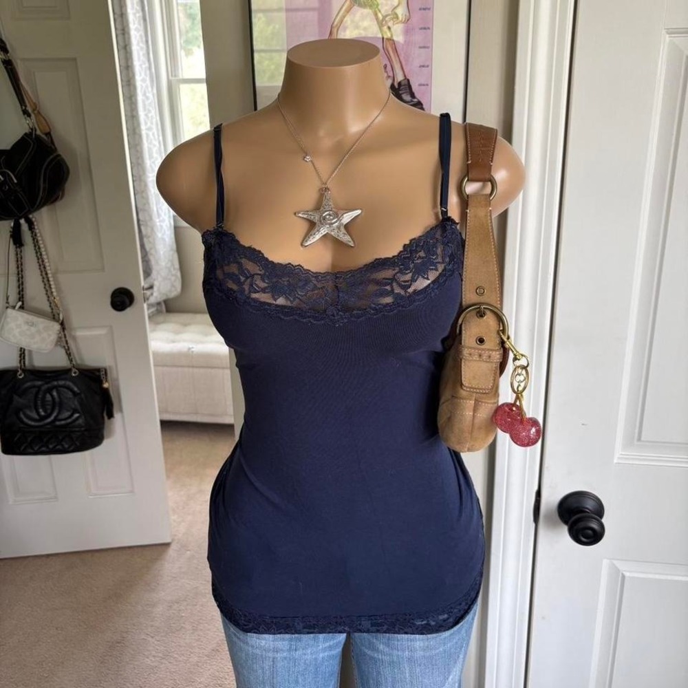 y2k 2000s navy lace trim cami tank top